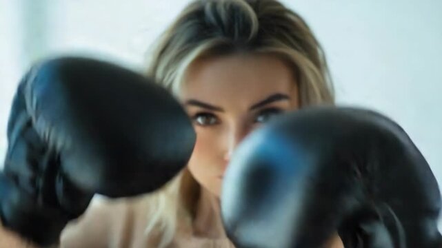 A female boxer wearing gloves, punching with determination.