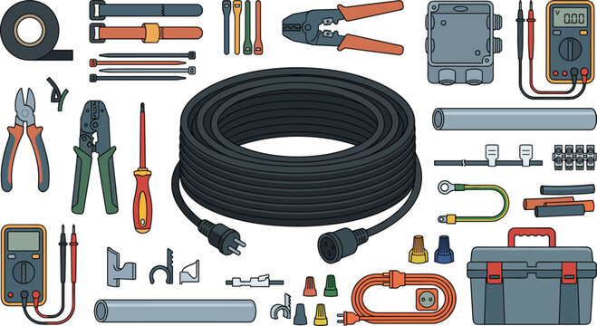 Electrical Cable and Tool Kit Set Featuring Wire Spool Multimeter Pliers Screwdriver and Junction Box for Electrician Maintenance Vector Illustration
