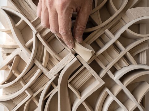 Close up of an artisan hand assembling an intricate geometric clay relief sculpture with architectural curves and patterns