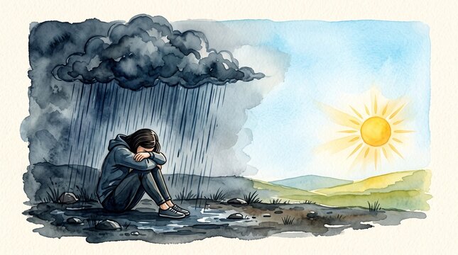 Sad Woman Sitting Under Dark Storm Cloud Next to Bright Sunshine Mental Health Illustration