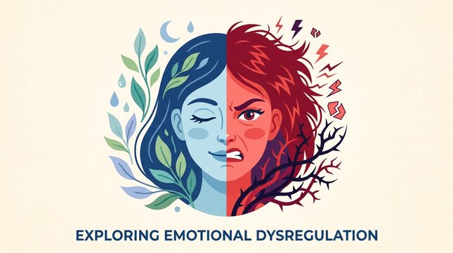 Split Woman Face Showing Calm and Angry Mood Swings Emotional Duality Illustration