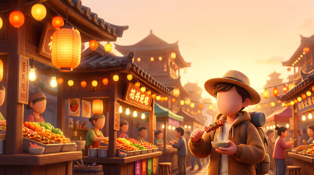 Faceless Tourist Eating Street Food Skewer at Night Market