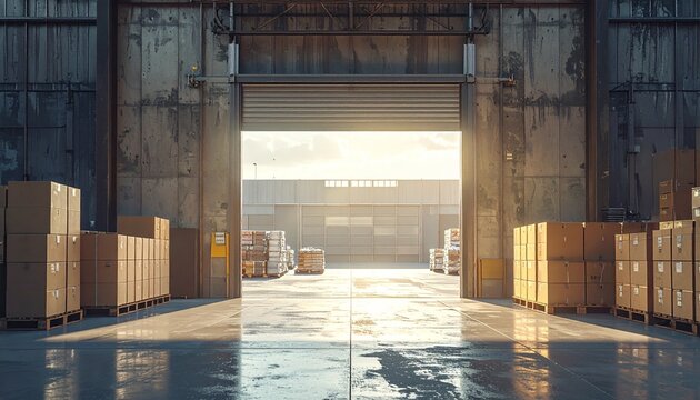 Modern industrial warehouse interior with open loading dock door and sunlight streaming in