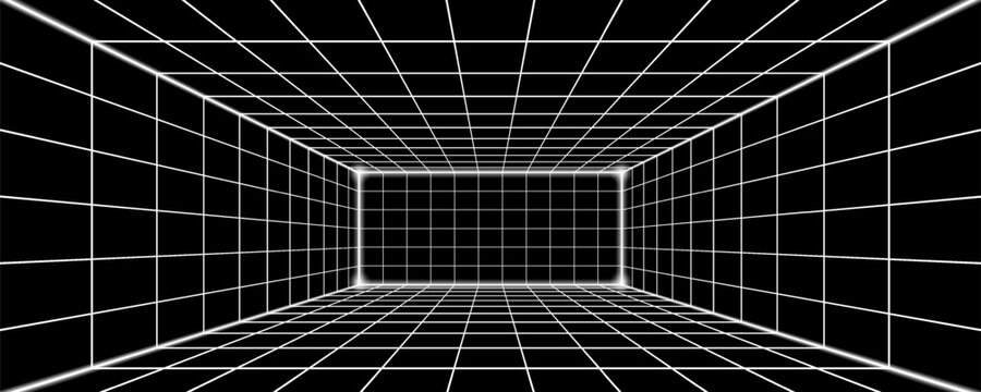 White box with perspective grid on black background. Cyber ​​tunnel with white wireframe lines of floor and ceiling, deep view virtual technology chamber, digital futuristic vector sci-fi background