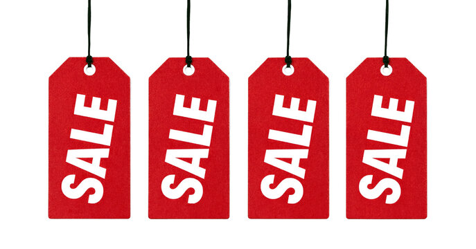 Four bright red sale tags with bold white text hanging by strings isolated on transparent background