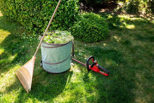 An electric hedge trimmer, a garden waste bin, and a leaf rake in the garden in the spring