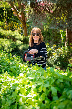 Mid-aged woman and removing old stems and leaves in a back yard