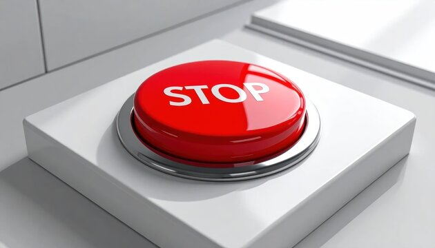 Large red emergency stop button on white panel.