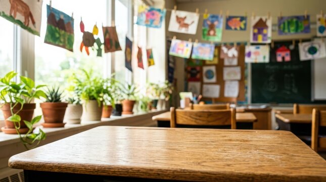 Sunlit primary school classroom with empty student desk in foreground and colorful children drawings on background wall creates welcoming educational environment for kids learning.