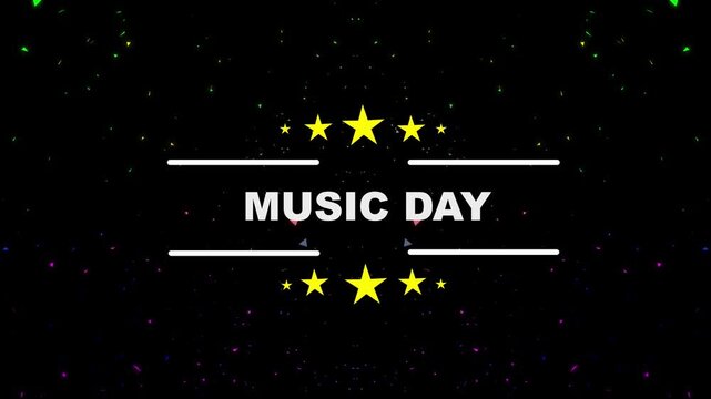 Dynamic music day title animation with golden stars on black background, dynamic text. World music day a colorful concept of sound waves emanating from a trumpet. 