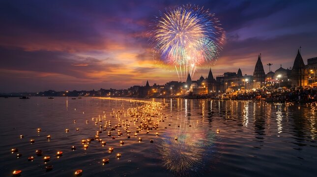 Diwali celebration with diyas floating on the ganges river in varanasi at sunset with fireworks in the sky