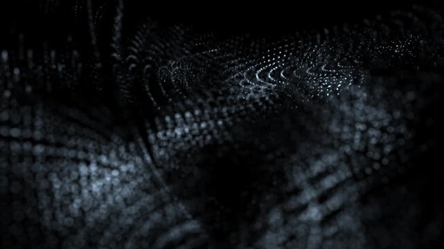 Abstract dark particle waves forming a futuristic digital landscape, creating a mysterious technology background with depth, motion, and subtle luminous details