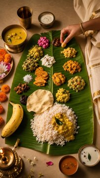Traditional Onam sadhya feast served on a banana leaf