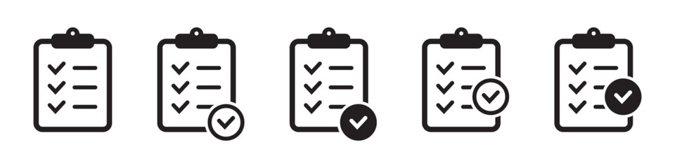 Fototapeta premium Clipboard Checklist Icon Set with Completed Task and Approval Check Marks for Project Management, Survey, Audit and Business Workflow