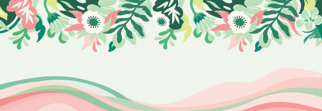 Floral pattern banner with pastel green and pink tropical leaves and flowers