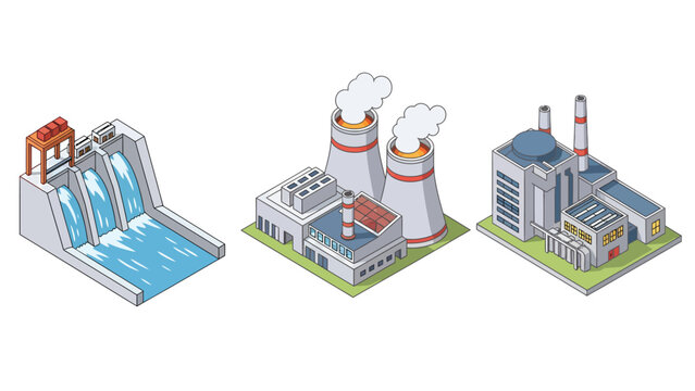 Set of isometric industrial power plants including a hydroelectric dam and two thermal power stations.