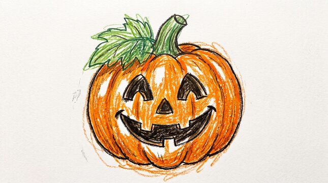 Vibrant Kids Colored Pencil Drawing of Smiling Jack O Lantern