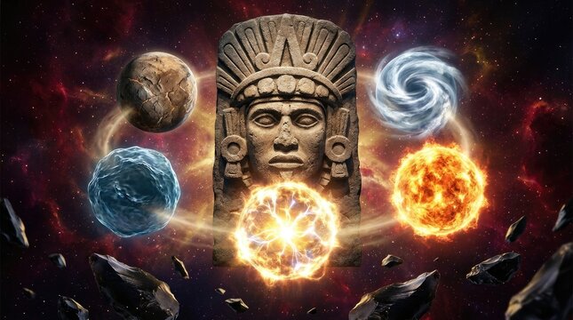 Aztec stone monolith face representing sun god Tonatiuh, surrounded by five orbiting celestial spheres of earth, wind, fire, water, plasma in deep space, demonstrating the mesoamerican creation myth.