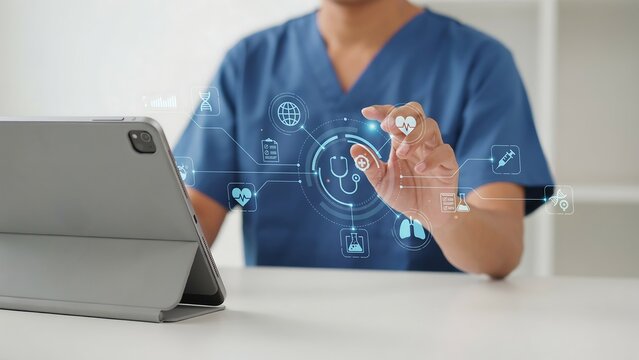 Medical professional in blue scrubs interacting with virtual healthcare icon interface on table screen in modern clinic setting during diagnostic workflow.