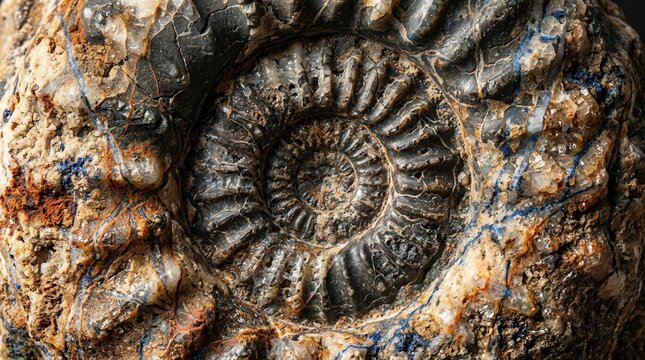 Macro close-up of an ancient ammonite fossil embedded in textured sedimentary rock