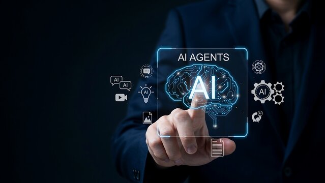 Corporate businessman utilizing autonomous ai agents brain network through interactive touchscreen displaying cognitive processing and digital task automation.