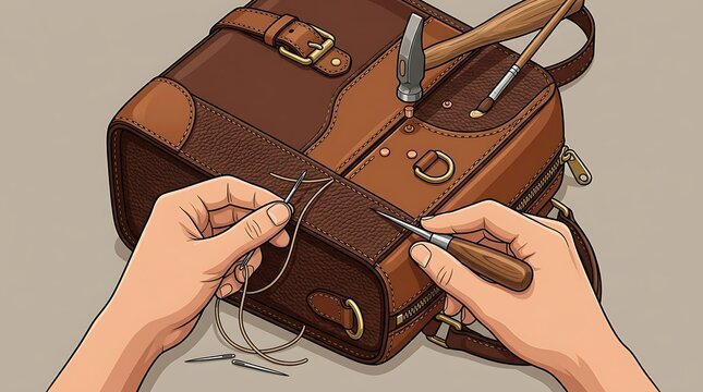 Artisan hands sewing a leather bag using professional crafting tools