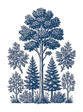 Blue woodcut style forest trees and botanical bushes illustration
