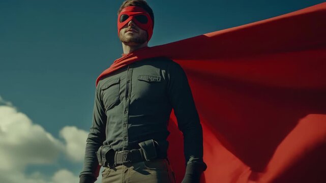 A man wearing a red mask and cape, standing with confidence.