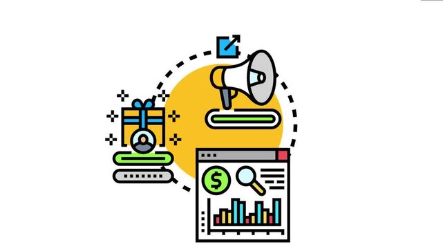 Illustration depicting an affiliate marketing strategy for increasing income, showing a megaphone announcing a referral program, a gift for new users, and a graph demonstrating business growth