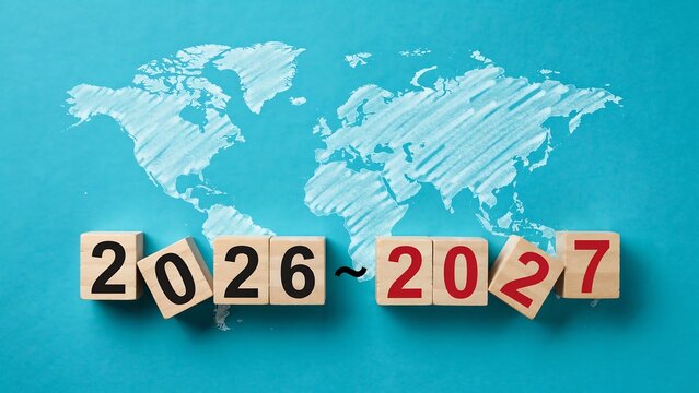 2026 to 2027 new year transition concept with wooden numbers over world map background