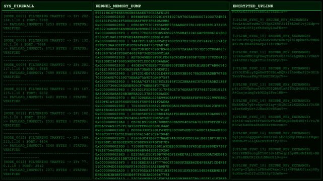 System Firewall Hacker Terminal Screen Animation With Kernel Memory Dump And Encrypted Uplink.