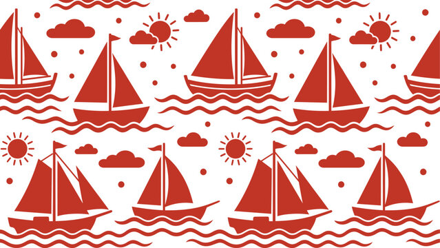 Seamless vector pattern with cute red sailboats, sun, clouds, and waves on white background. Nautical marine design for textile, wallpaper, and wrapping paper. Flat vector illustration EPS 10.