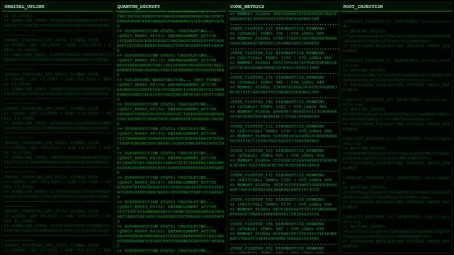 Quantum Decrypt Orbital Uplink Hacker Terminal Screen Animation With Root Injection.