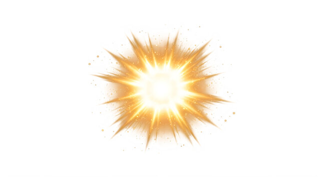 Golden starburst explosion with glowing light rays, bright orange sunburst flash, radiant energy spark for visual effects isolated on Transparent Background
