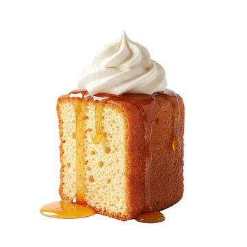 Delicious sponge cake slice with syrup drips and whipped cream, isolated on a transparent background