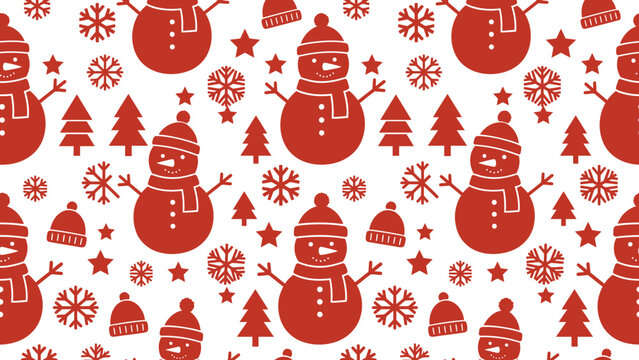 Seamless Christmas Pattern with Red Snowmen, Trees, Snowflakes, Stars, and Winter Hats on White Background. Flat vector illustration EPS 10.