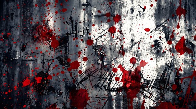 Abstract grunge background with dark black and grey textures splattered with vibrant red paint drops and artistic brush strokes