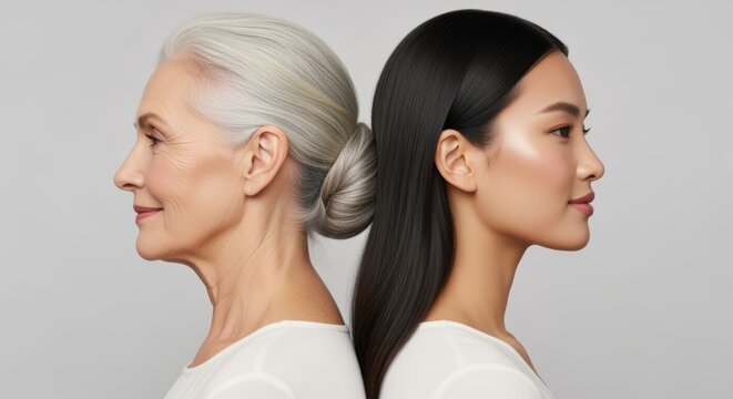 senior woman with silver hair and young Asian woman standing back to back in side profile against a light gray studio background