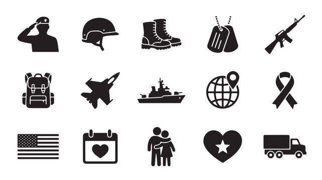 Military icon set with 15 black vector symbols, army equipment and soldier silhouettes, patriotic war and veteran memorial graphics