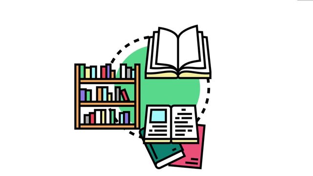 Bookshelf filled with various volumes and an open book symbolizing learning, research, and accessing information through reading and study material