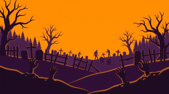 Spooky halloween graveyard scene with silhouettes of zombies, tombstones, and bare trees against an orange sunset sky background
