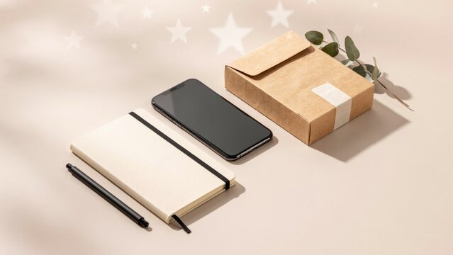 Package with Phone, Notebook, and Pen, Minimalist Flat Lay, E-Commerce Concept, Gift Delivery, Online Shopping