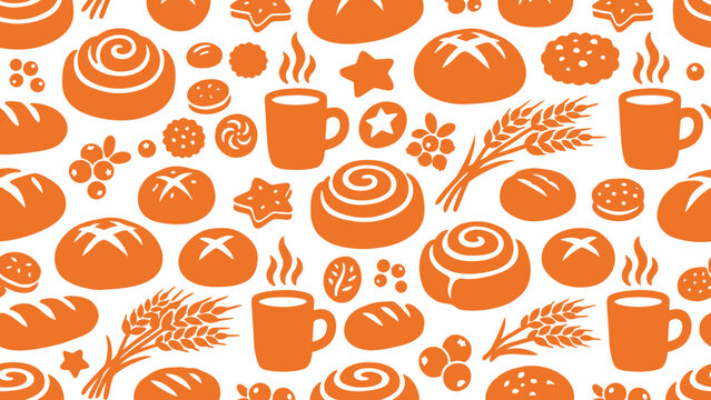 Orange and White Seamless Pattern with Bakery Products, Coffee Mugs, and Wheat Ears. Flat vector illustration EPS 10.