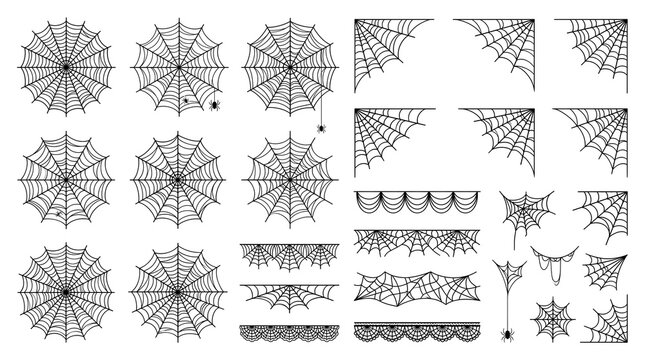 Collection of various spider web designs, including circular webs, corner webs, and decorative borders for halloween decorations isolated on white background