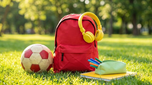 Colorful school backpack with yellow headphones, soccer ball, and notebooks on green park grass for back to school education concept