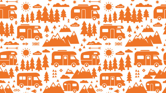 Camper Van and Outdoor Adventure Seamless Pattern with Mountains, Forests, and Sun in Flat Orange Design. Flat vector illustration EPS 10.