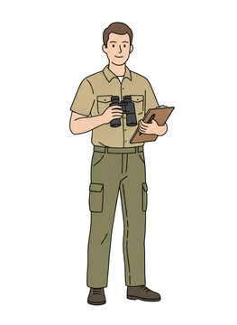 Vector illustration of a male explorer or park ranger holding binoculars and a clipboard, isolated on a transparent background