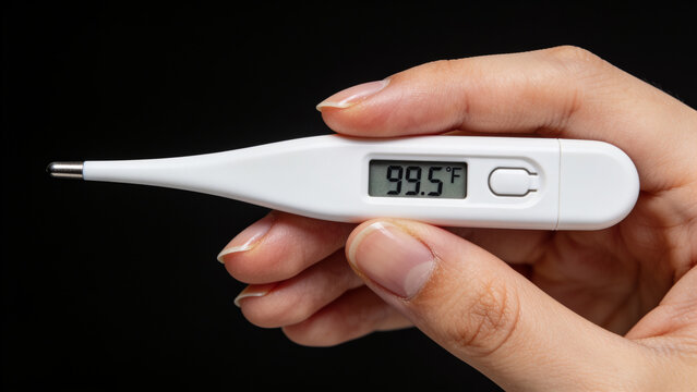 Extreme close-up of a digital thermometer showing a temperature of 99.5 F in a woman's hand. Low grade fever and seasonal viruses