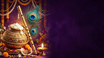 Fototapeta premium Krishna janmashtami celebration background with flute pot with golden pot filled butter