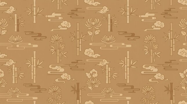 Seamless oriental pattern with bamboo and floral motifs